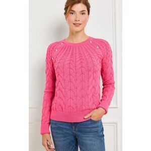 Talbots button raglan cable knit sweater in pink with gold buttons - XLP